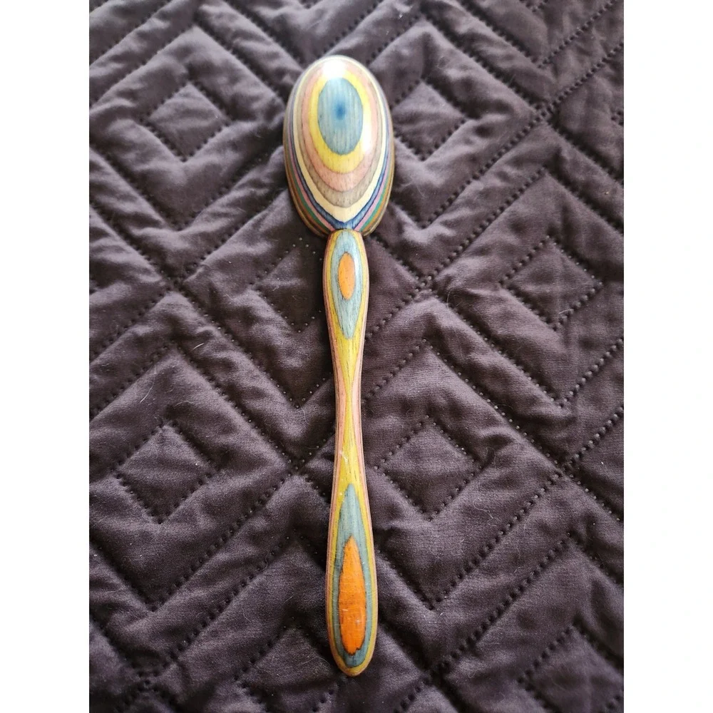 Vintage Rainbow coloured Handmade Wooden Spoon | Wood Intarsia and layered color